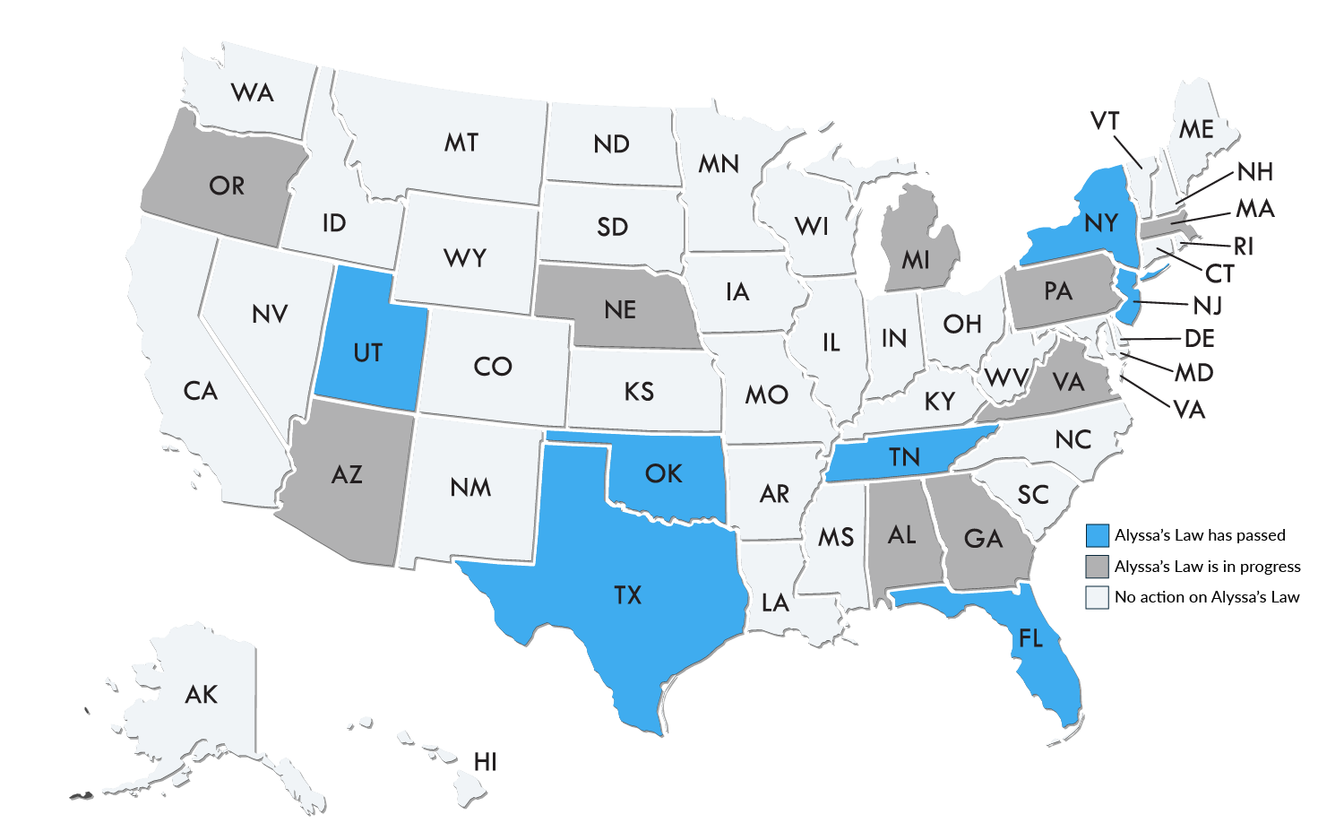 Current map displaying the status of Alyssa's Law in the United States